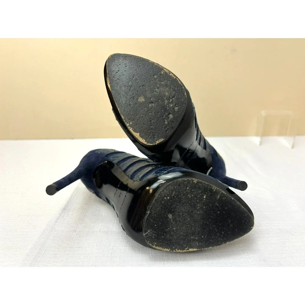 Balenciaga Stilletto Cage Heels Navy Blue Python + Suede Leather Pointed SZ 38/8